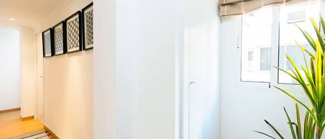 A hallway with a patterned rug, framed artwork on the wall, and a potted plant.