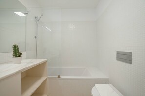 Hair dryer, towels, soap, shampoo