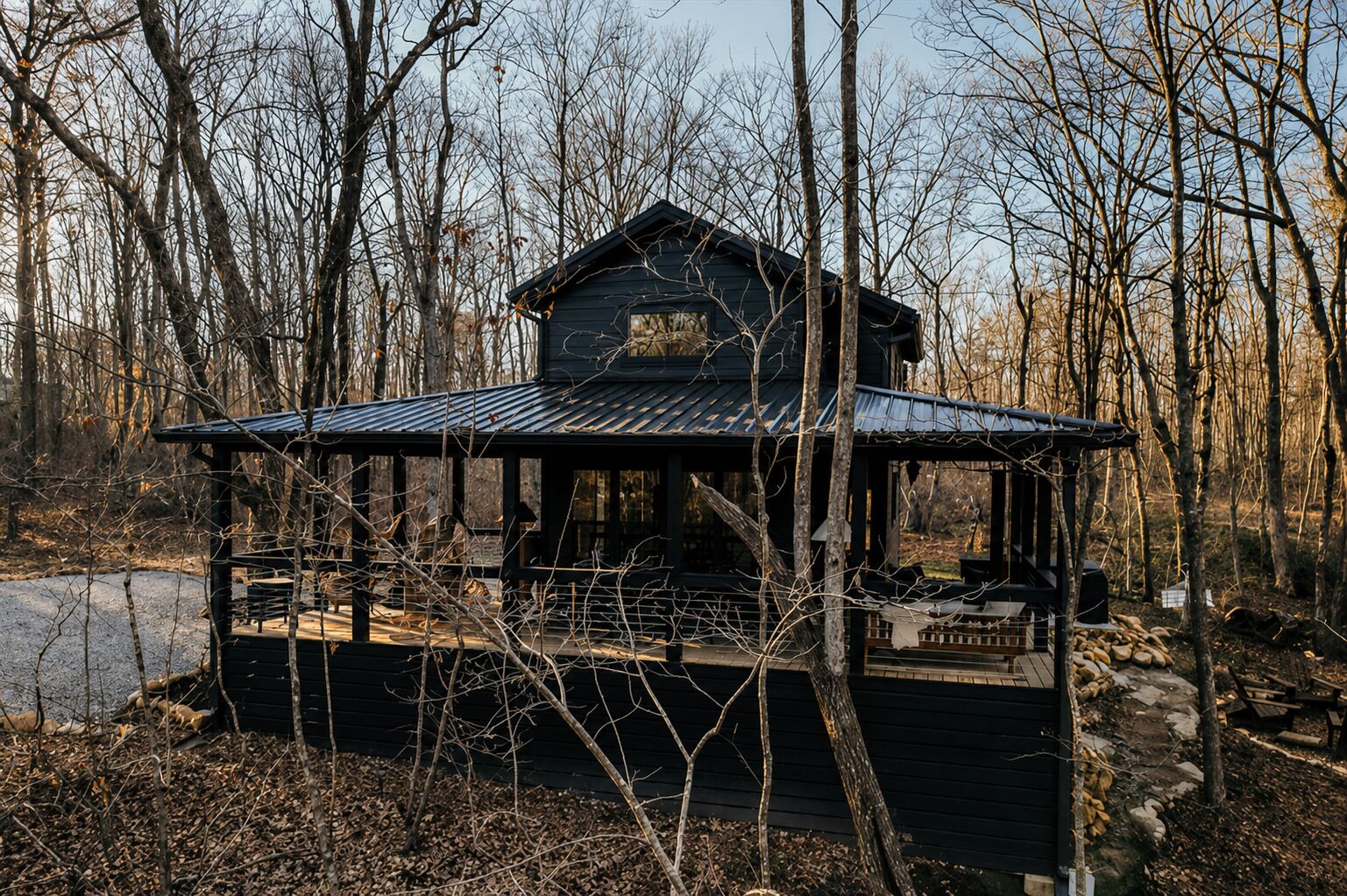 A cabin with a metal roof, surrounded by trees, and a dock extending into a body of water.