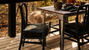 A wooden deck with a table and chairs, a fluffy white object, and a pumpkin.