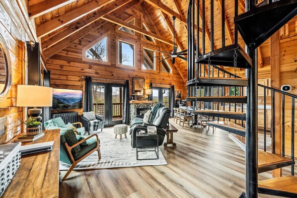 Smart TV, fireplace, books