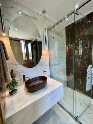 Shower, hair dryer, towels