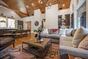 TV, fireplace, books, offices