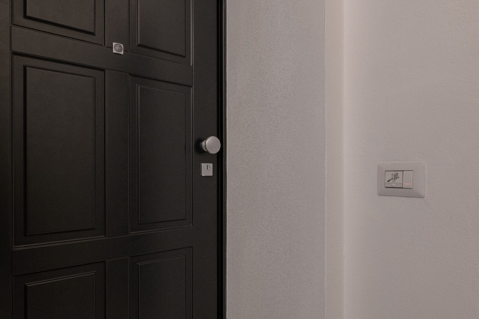A dark wooden door with a round handle and a small rectangular plate above it.