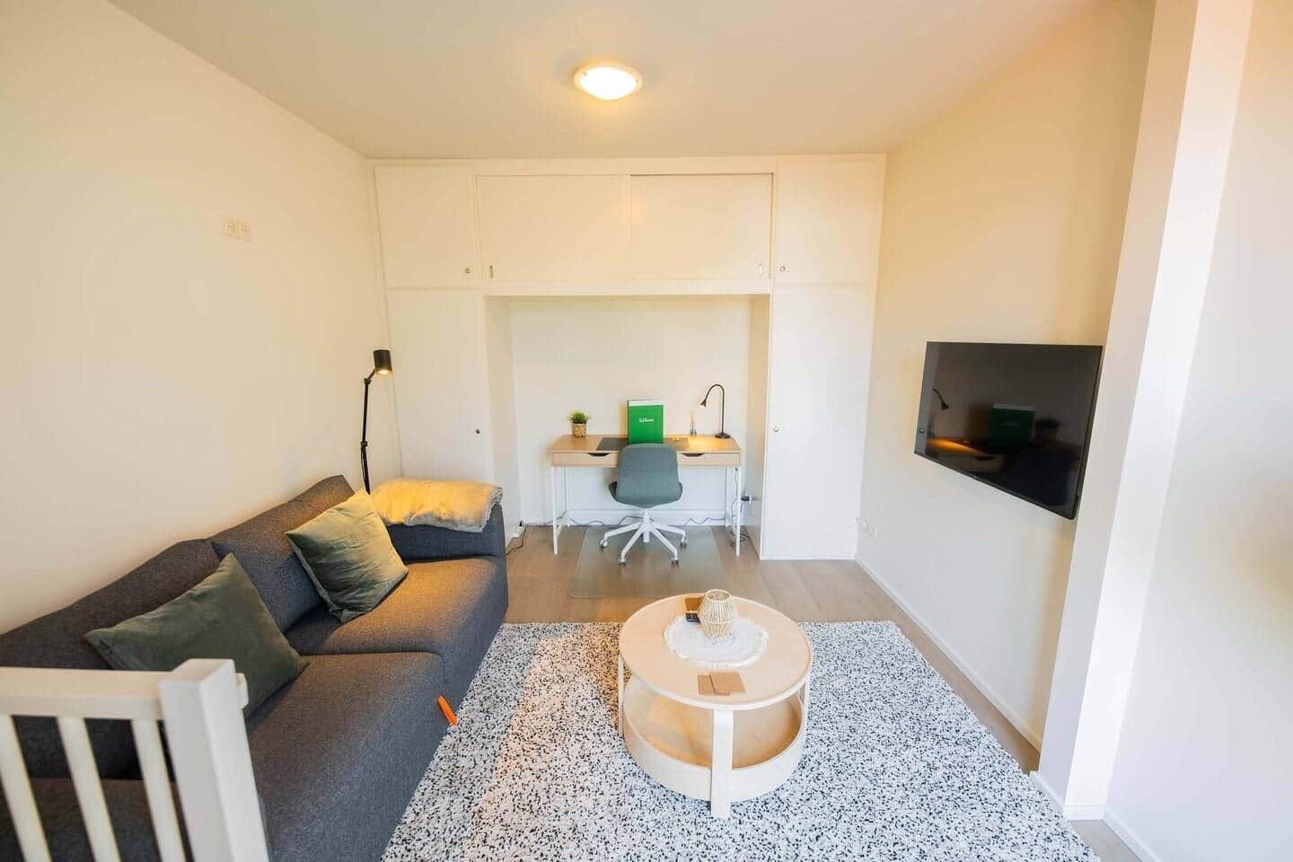 Un espace de vie compact comprenant un canapé, une petite table ronde, un bureau avec une chaise et un téléviseur fixé au mur.
