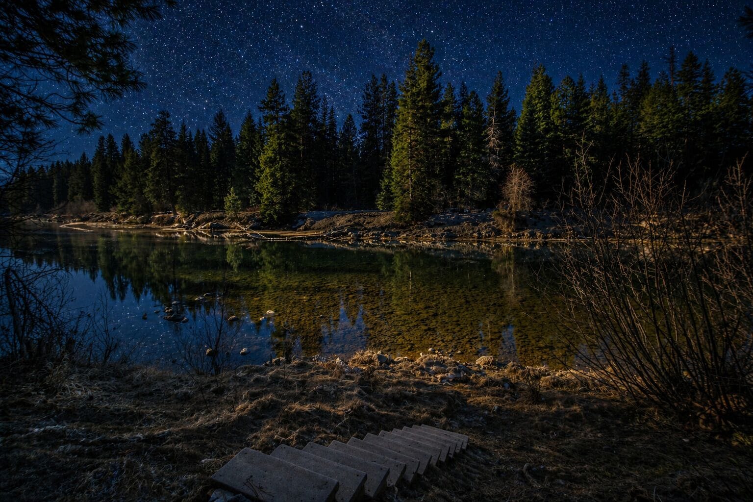 A night scene with a starry sky, a calm lake, and a forested area.