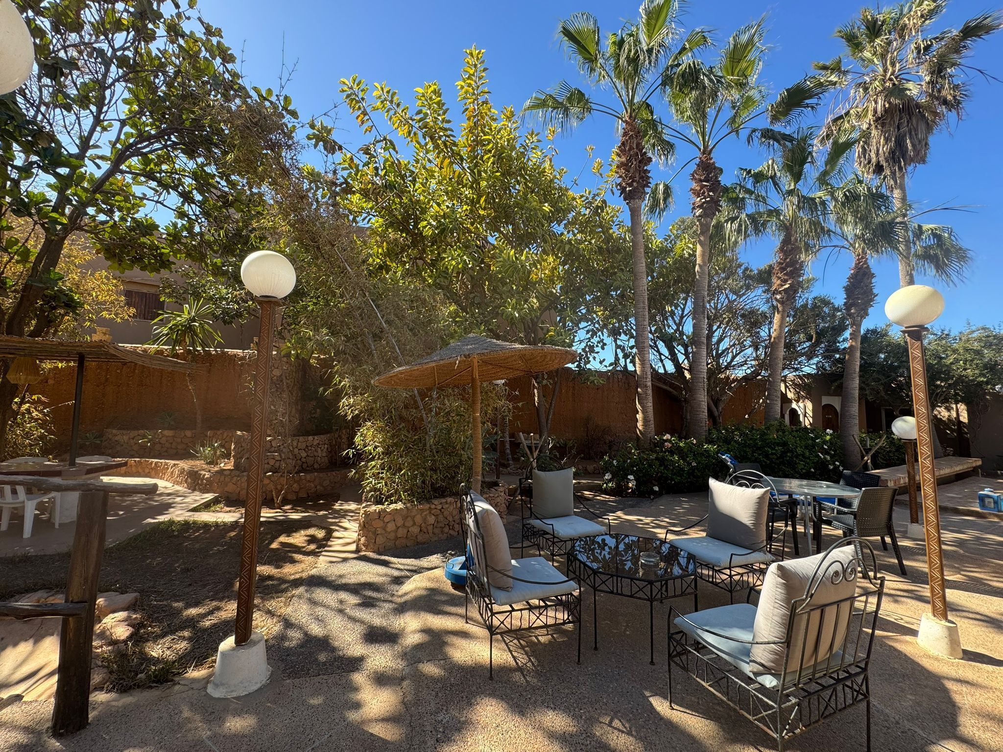 An outdoor seating area with tables and chairs, surrounded by palm trees and a stone wall.