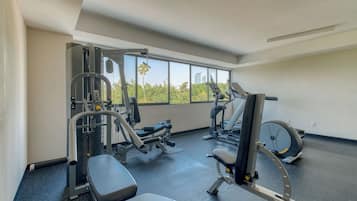 A gym with various exercise equipment, large windows, and a view of greenery.