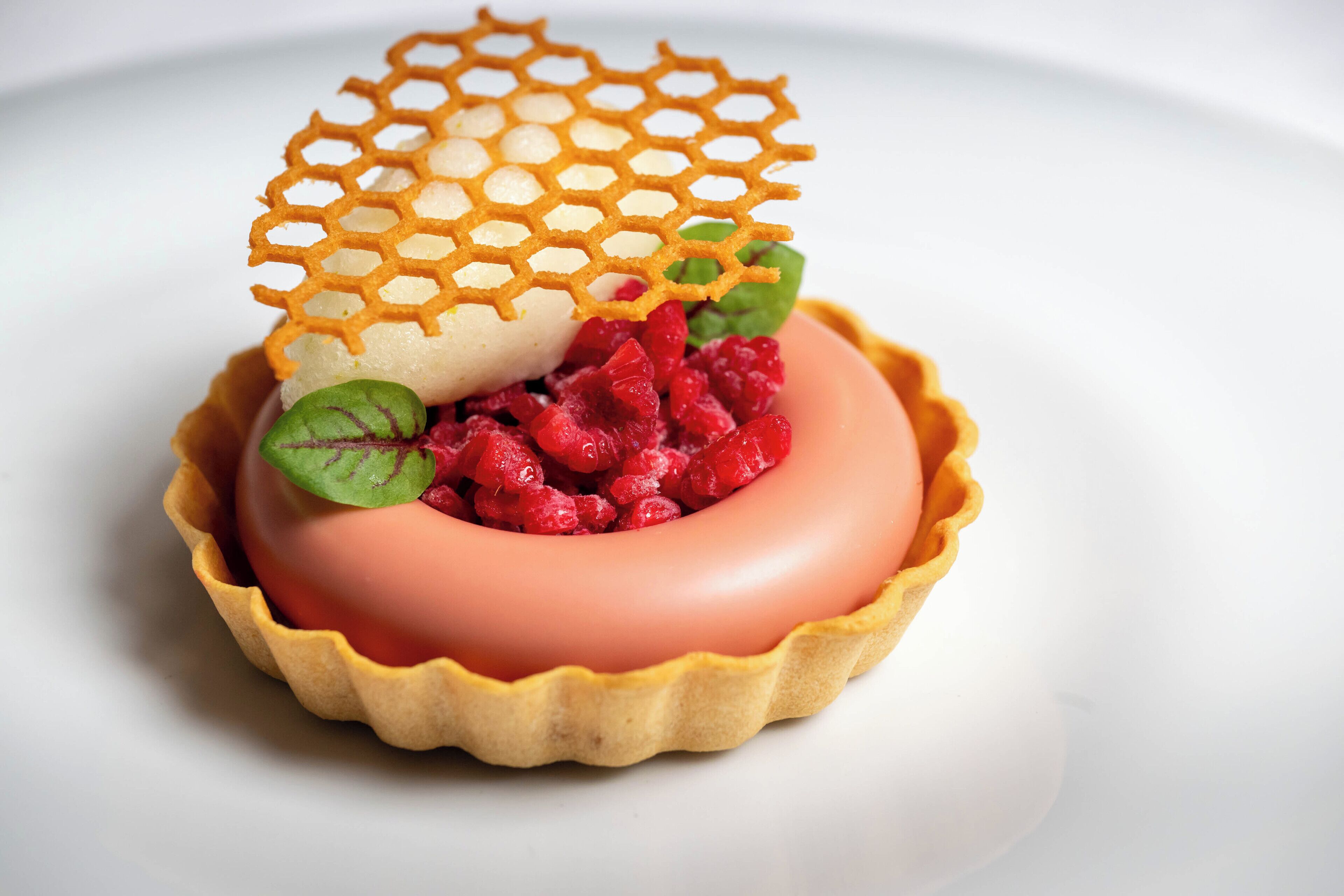 A dessert with a lattice top, a creamy base, and raspberries.