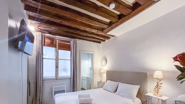 A hotel room with a bed, a TV, a window, a bedside table with a lamp, and a mirror on the wall. - Urban Flat 192 - Charming flat - Basfour (París)