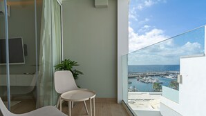 Un balcon donnant sur une marina, une chaise, un pot de fleurs et un téléviseur fixé au mur.