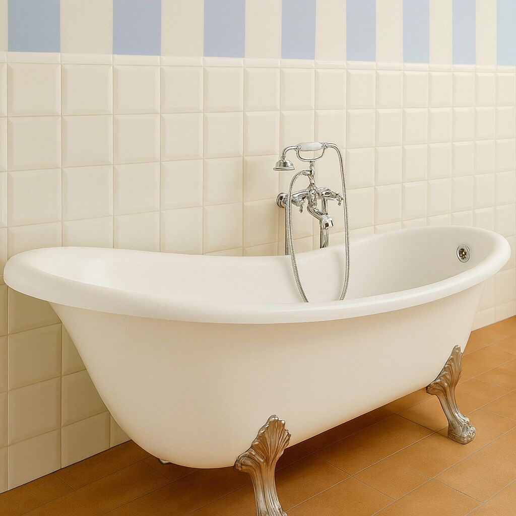 A white freestanding bathtub with claw-foot legs, a chrome faucet, and a showerhead.