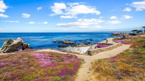 A coastal landscape with a clear sky, rocky outcrops, and a pathway leading to the sea. - 3965 Marine Gardens - Oceanfront with Bay Views (Pacific Grove)