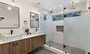 Shower, hair dryer, towels