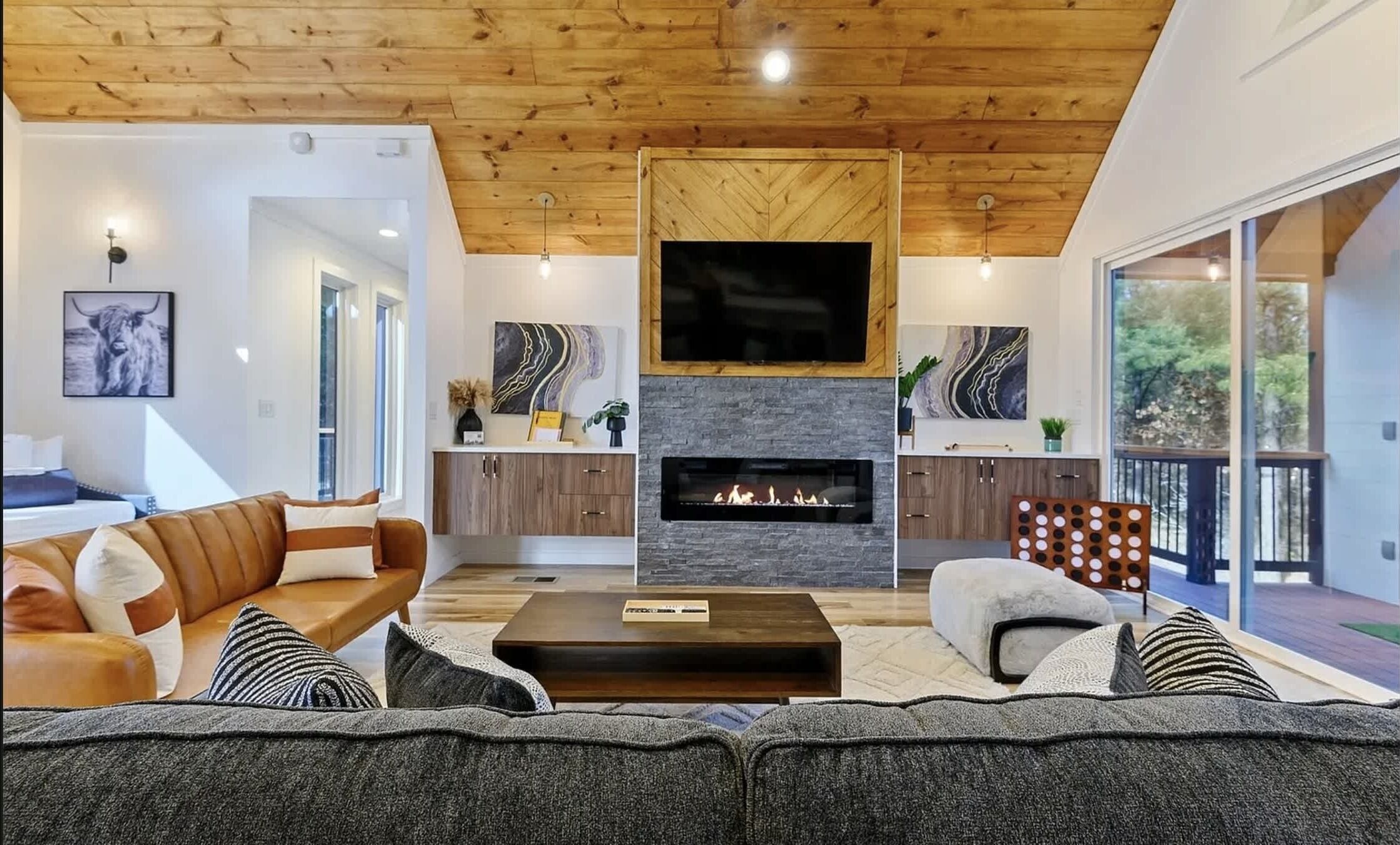 TV, fireplace, foosball, offices