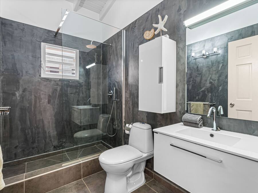 A modern bathroom with a glass-enclosed shower, a toilet, a sink, and a vanity.