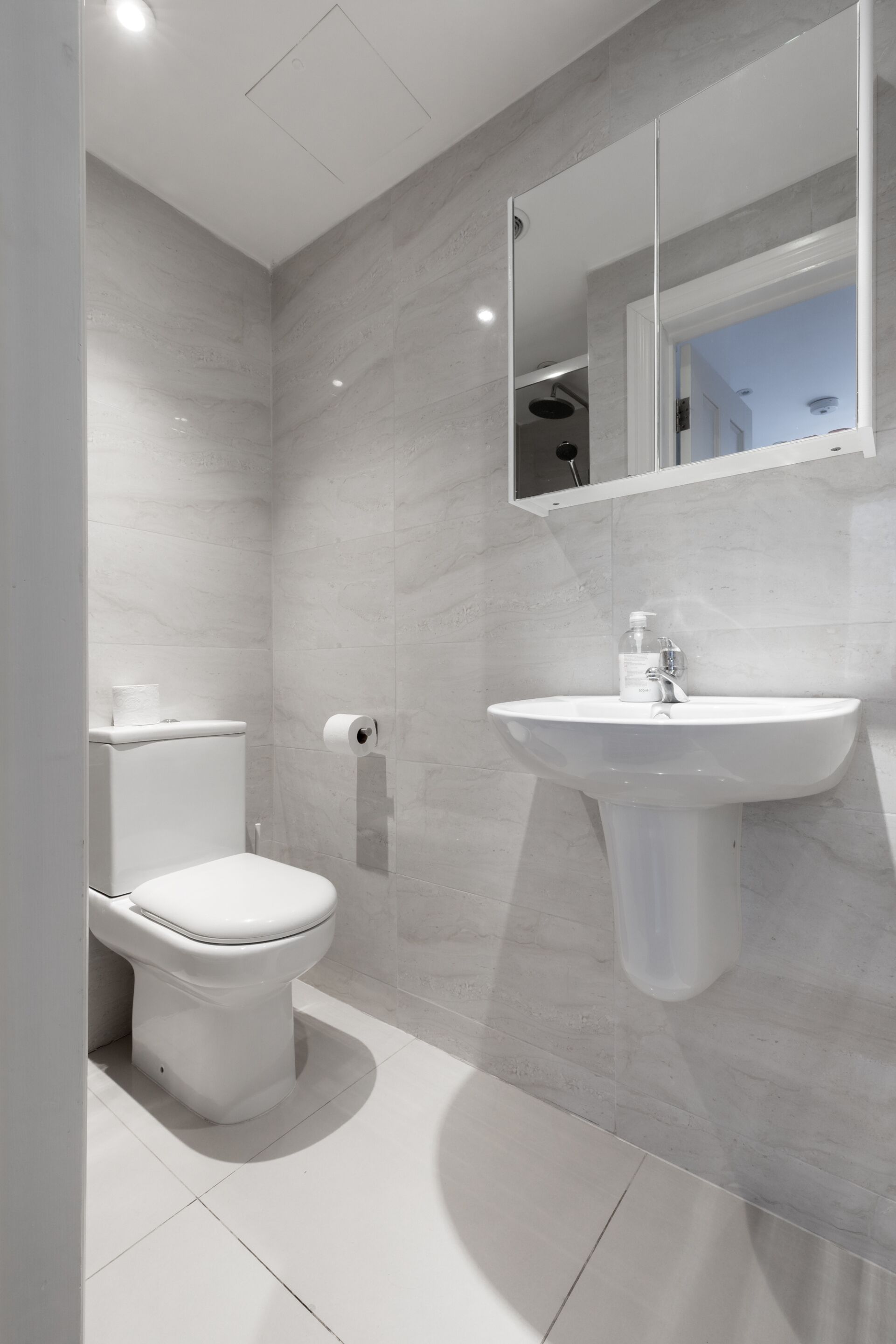 A modern bathroom with a toilet, sink, and mirror.