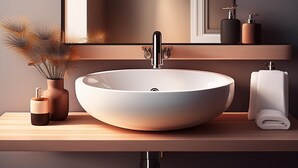 Ein modernes Badezimmer mit einem großen, ovalen Waschbecken, einem Spiegel darüber und einer Holzanrichte.
