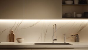 Eine moderne Küche mit einem eleganten Wasserhahn, einer Marmor-Spritzschutzwand und einem minimalistischen Design.