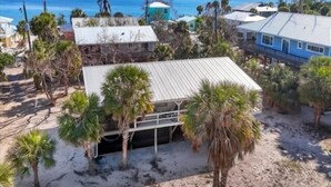A beachfront property with a metal roof structure, palm trees, and a view of the ocean.