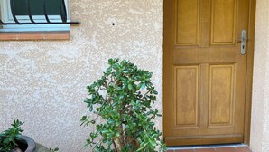 Une porte en bois, une fenêtre avec des barreaux en métal et deux plantes en pot sur un mur à texture.