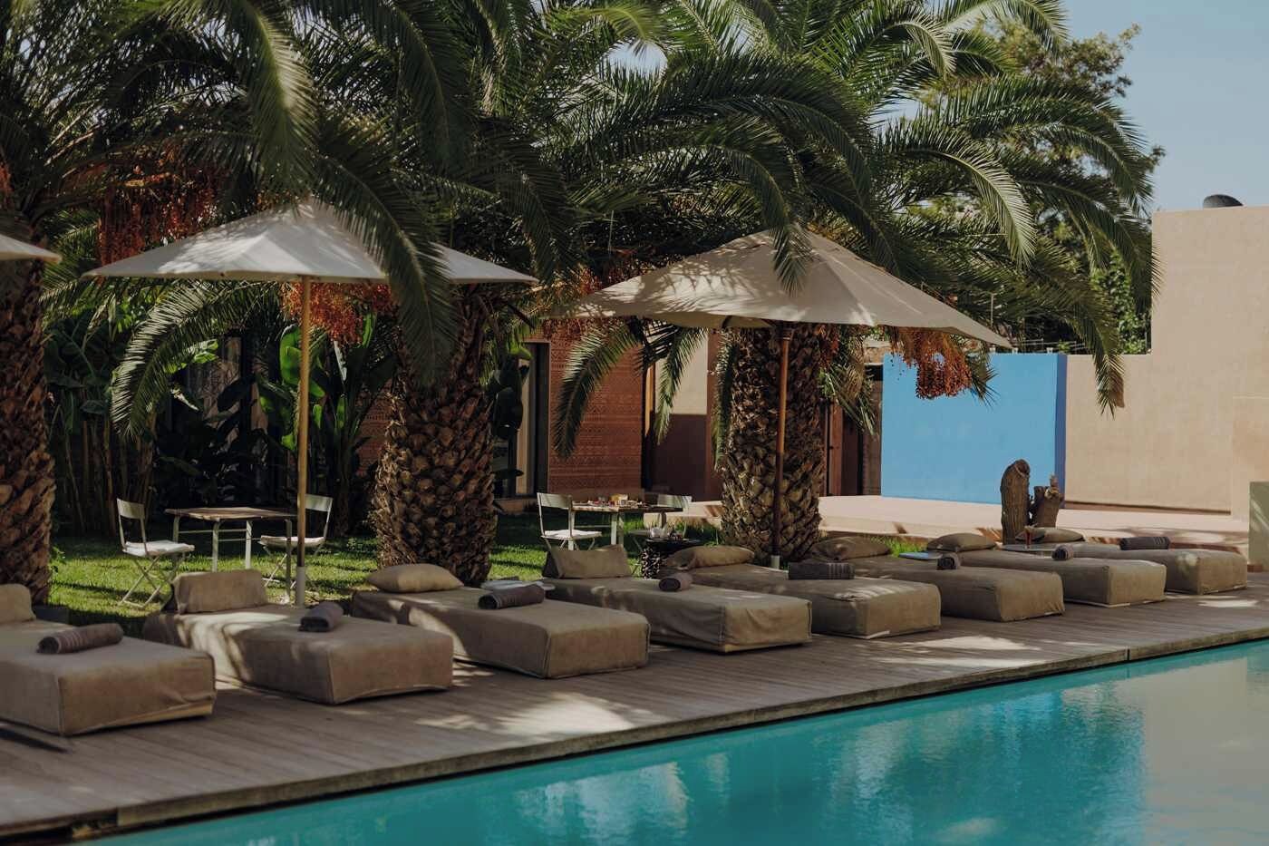 A poolside area with lounge chairs, umbrellas, and palm trees.