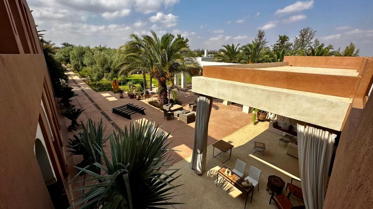 An outdoor patio area with seating, a pool, and palm trees.