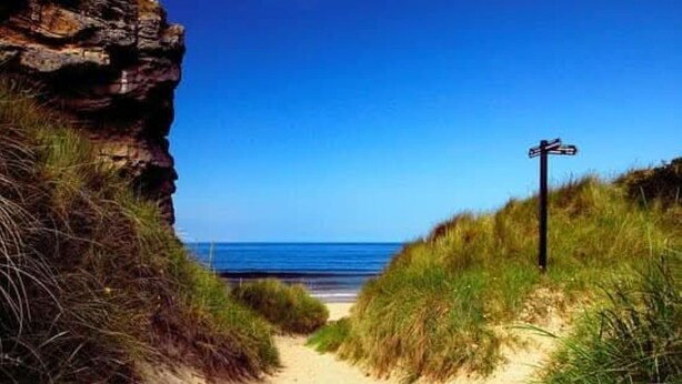 A sandy path leading to a beach with a rocky cliff on one side and a signpost in the distance.