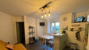 A compact living space with a kitchenette, a dining area, and a seating area with a sofa.