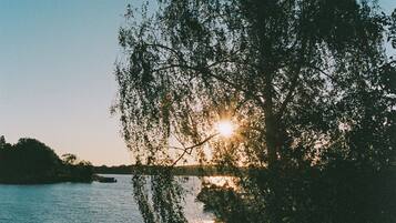 Ein Sonnenuntergang über einem stillen See mit einem Steg und Bäumen im Vordergrund.