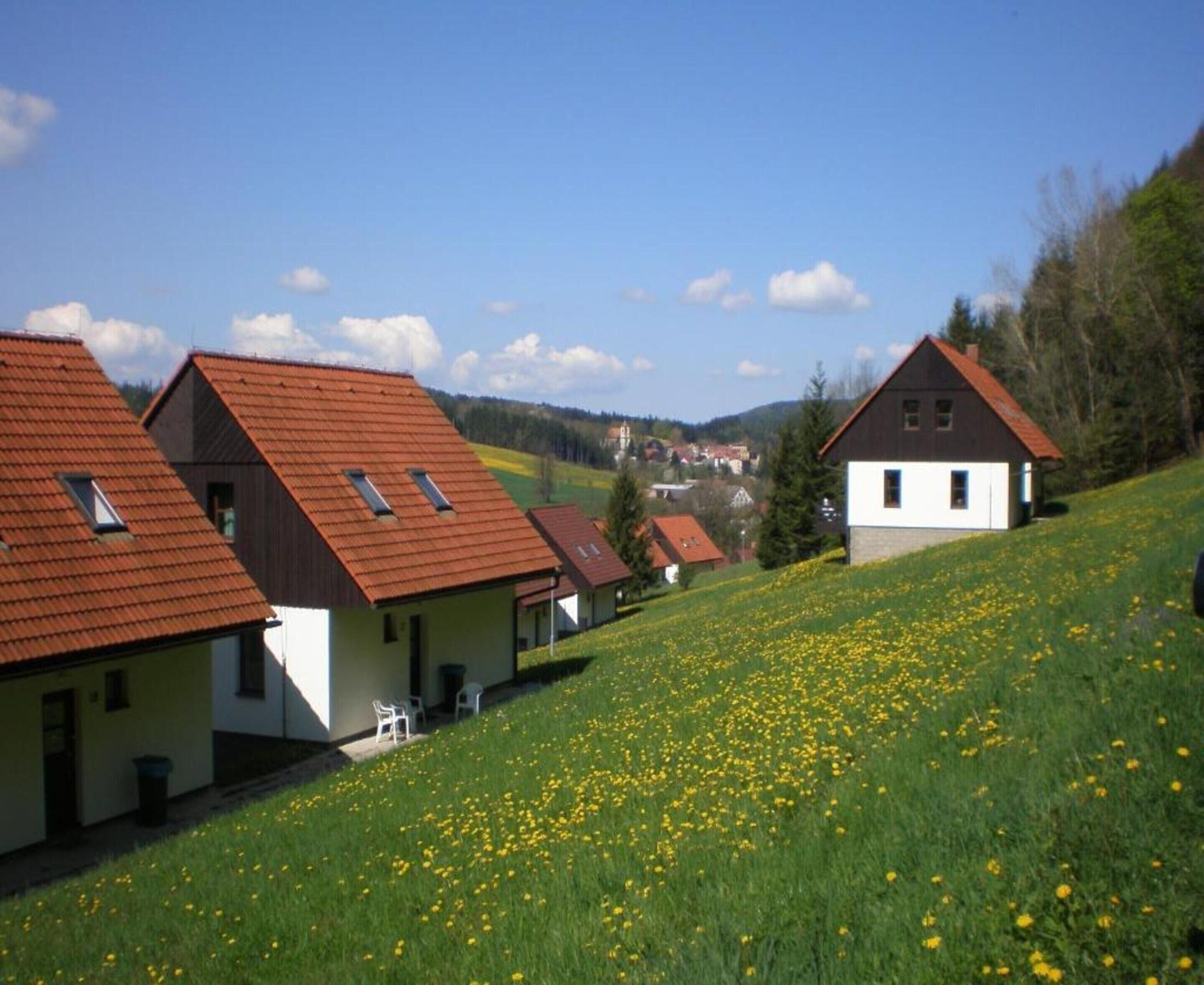 A row of houses with sloped roofs on a hillside, surrounded by a field of yellow flowers.