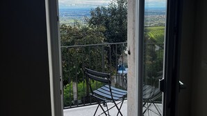 A balcony with a view of a cityscape and greenery.