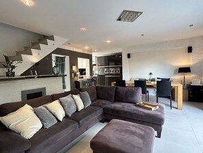 Télévision, cheminée, chaîne hi-fi