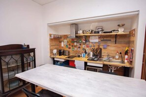 Microwave, stovetop, coffee/tea maker, toaster
