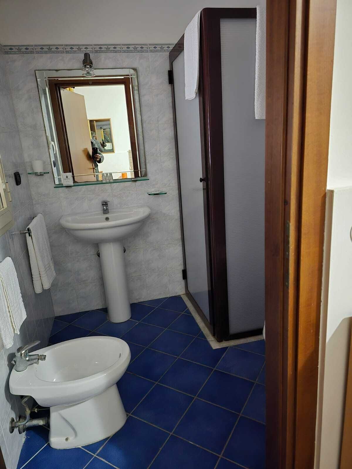 Une salle de bain comprenant un lavabo sur colonne, des toilettes et un espace douche.
