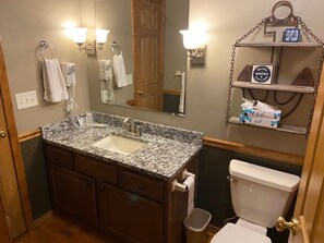 Shower, jetted bath, hair dryer, towels