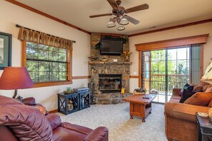 TV connectée, cheminée, lecteur de DVD, vidéothèque