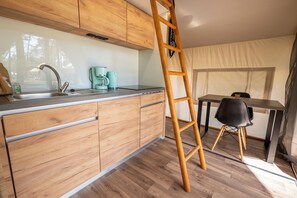 Fridge, stovetop, coffee/tea maker