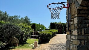 A basketball hoop attached to a stone wall, a paved pathway, and a well-maintained hedge.