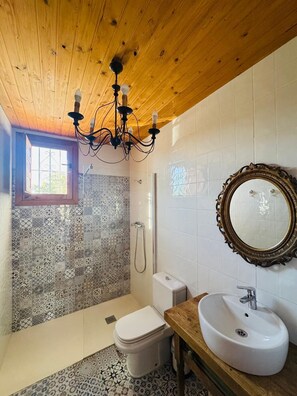 Een douche, een haardroger, handdoeken, zeep