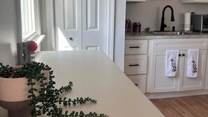 Una cocina con armarios blancos, una encimera, un fregadero y una planta colgante.