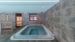 Ein moderner, überdachter Pool mit Blick durch ein Fenster nach draußen.