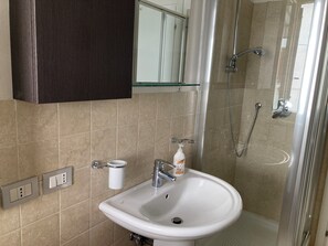 Shower, hair dryer, bidet, towels