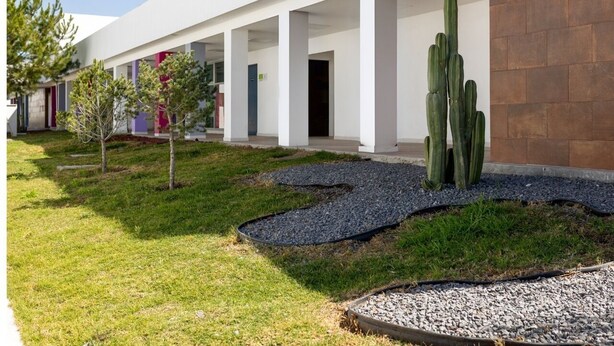 Een modern gebouw met een overdekte doorgang, een cactustuin en een grindpad.