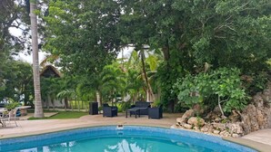 Une piscine dotée de chaises longues et d’une structure à toit de chaume, le tout entouré d’une végétation luxuriante.