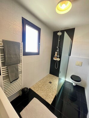 Een douche, handdoeken, toiletpapier