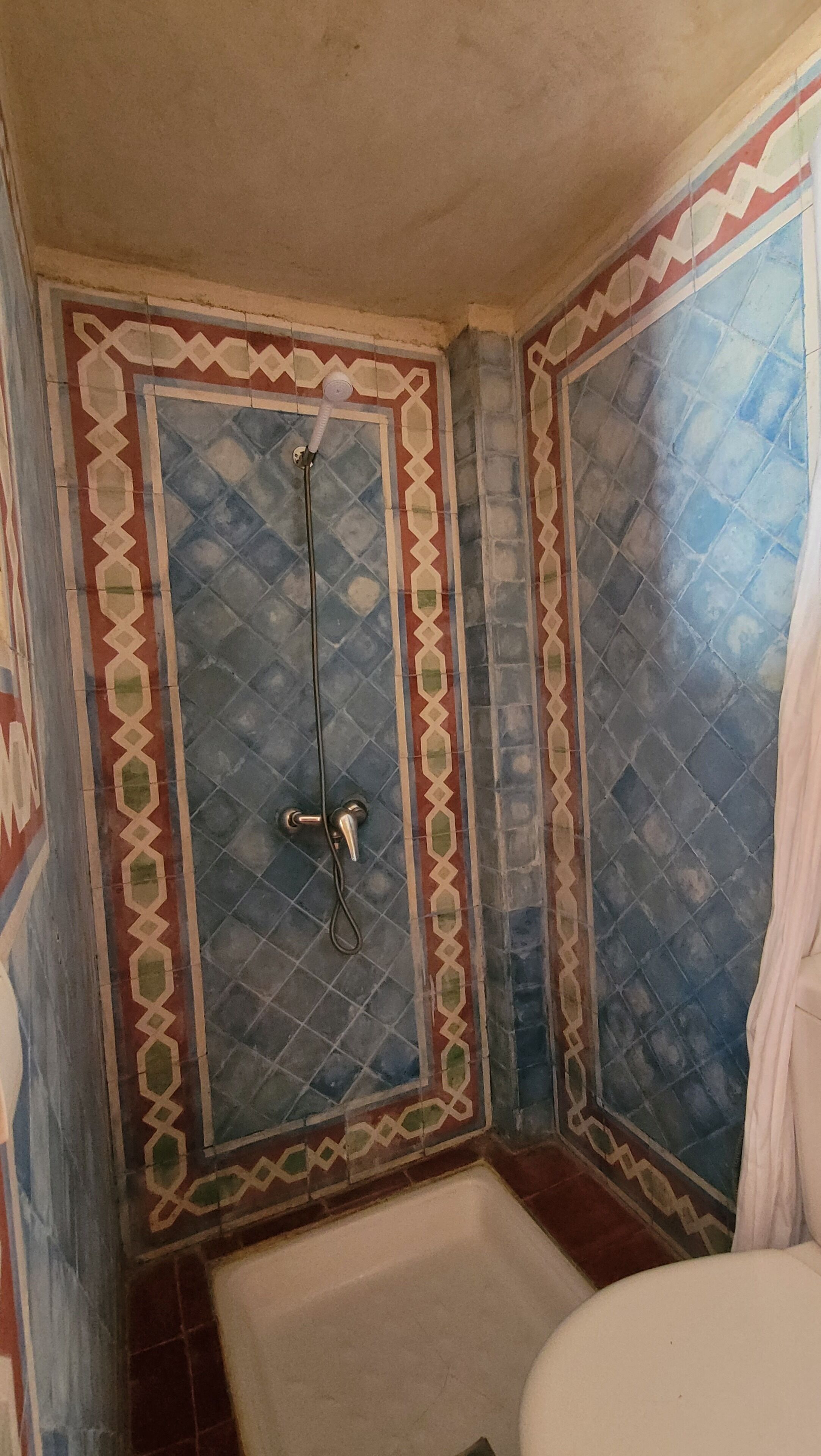 A bathroom with a shower area featuring patterned tiles and a bathtub.