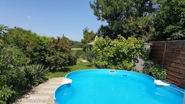 A rectangular swimming pool with a blue interior, surrounded by a garden with various plants and a wooden fence. - Vacation home with summer pool and garage, free of stairs/steps (Jesewitz)