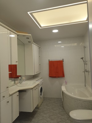 Hair dryer, towels, soap, toilet paper
