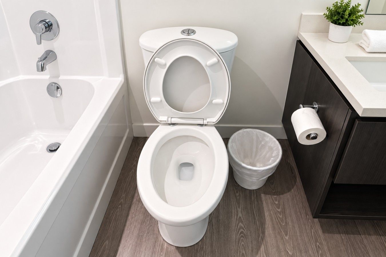 A modern bathroom with a white toilet, a bathtub, a small trash bin, and a potted plant on the counter.